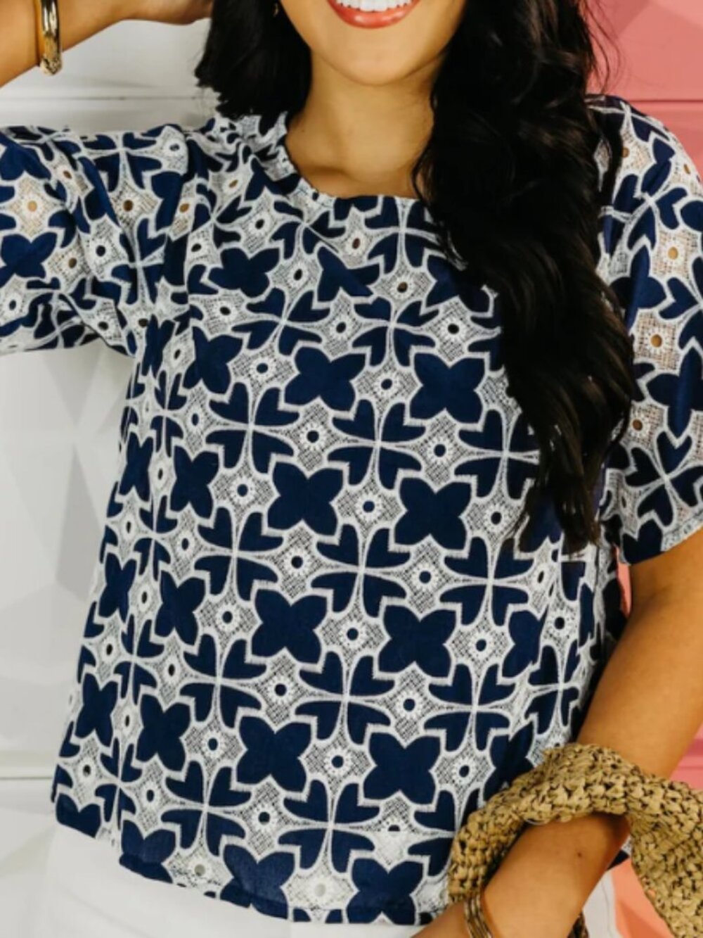 NWT Women's Sugarlips Blue White Geometric Print Blouse Short Sleeve Top Medium